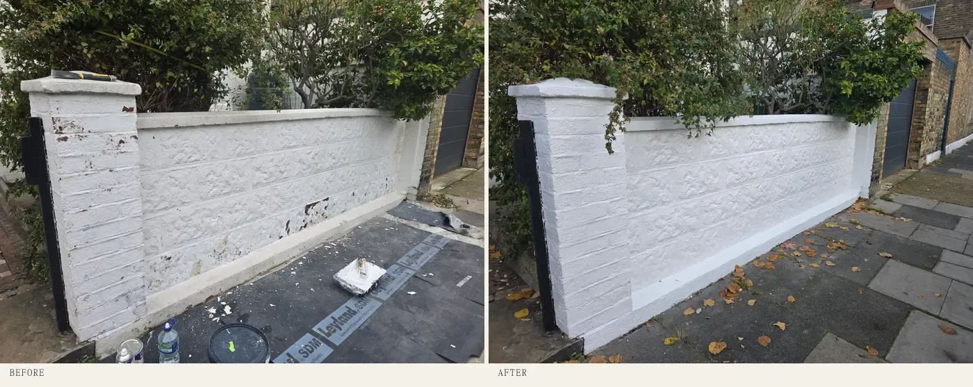 Garden wall rebuilt & painted — before & after in SW6