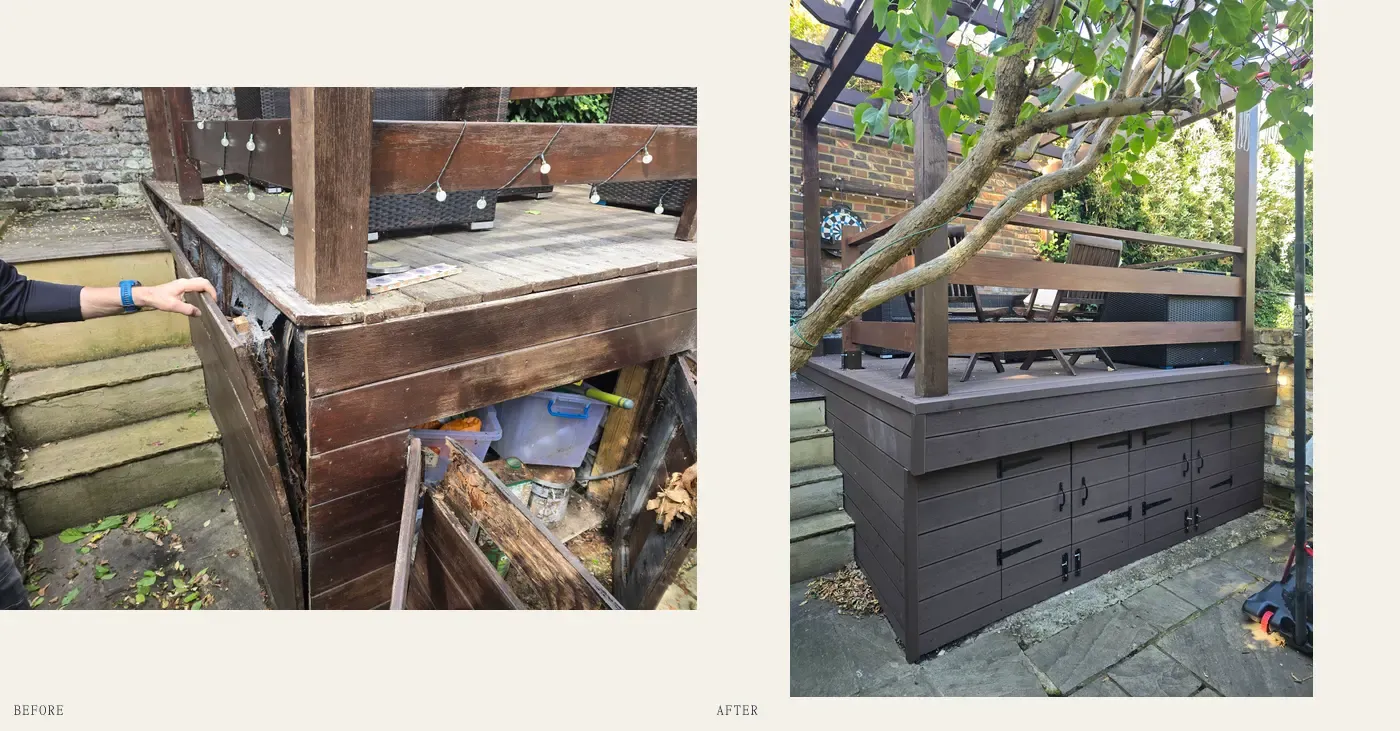 Decking rebuilt with storage below — before & after in W8
