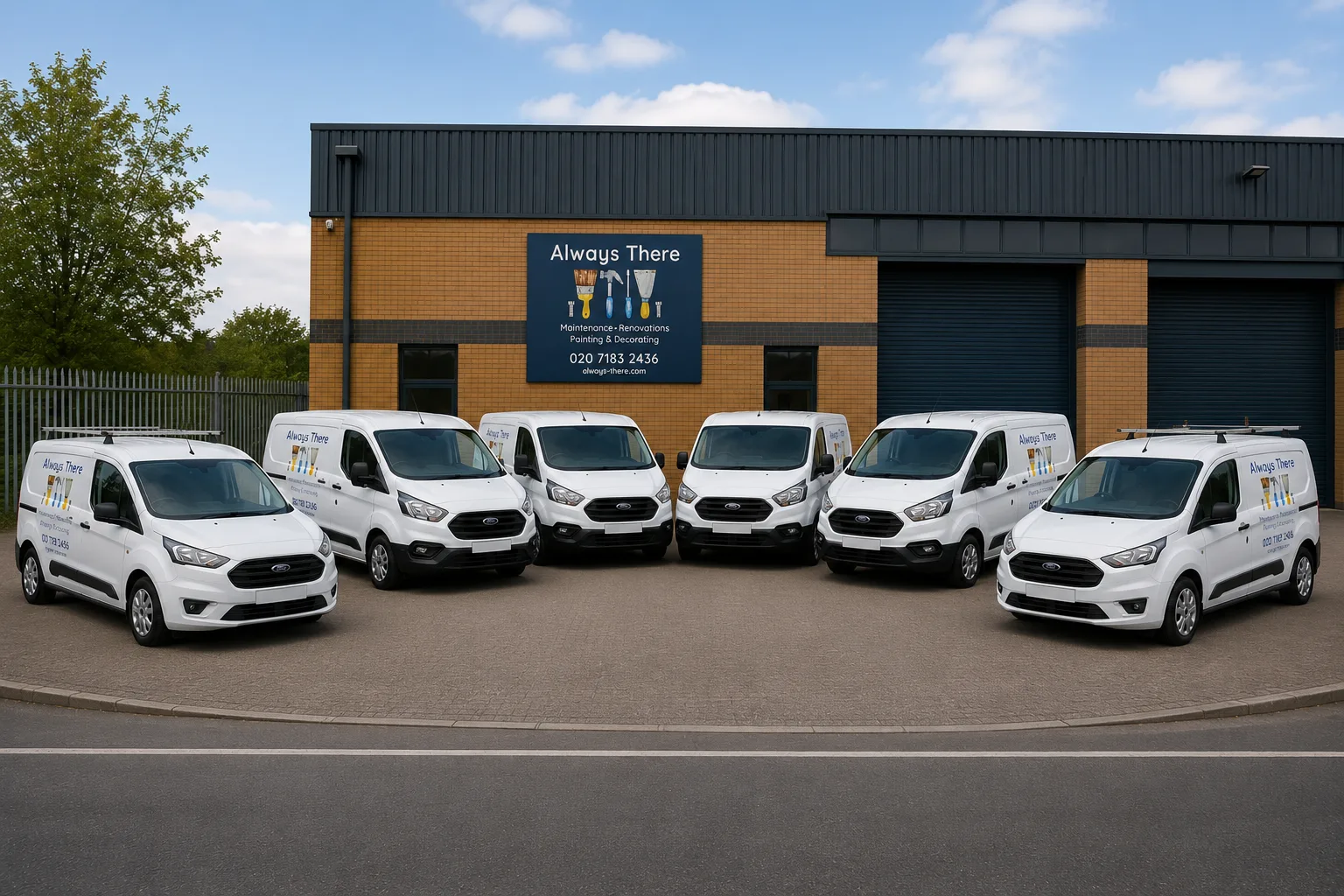 The Always There fleet of vans outside the depot in West London